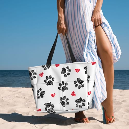 Pet Colorful Doodle Paw Hearts Dog Pattern Beach Bag Women Tote Bag Pool Bag With Zipper For Gym Grocery Travel With Wet Pocket4