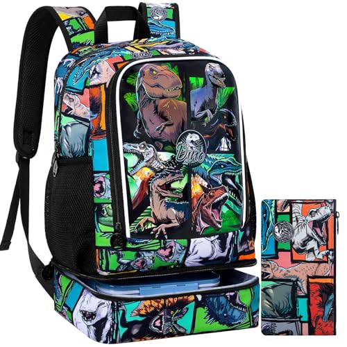 Image of WZLVO 2-In-1 Boys Dinosaur Backpack Set, 17 inch Cool UV Printing Kids Bookbag /School Bag with Built-in Lunch Compartment & Pencil Bag for Preschool to Elementary - Dinosaur Khaki