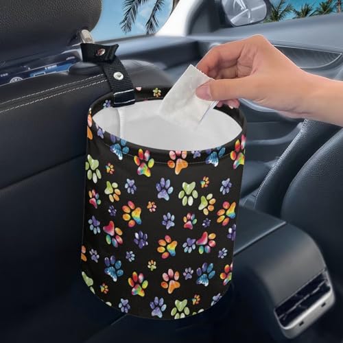 Image of Colorful Paws Car Rubbish Bag Can Reusable Hanging Auto Garbage Organization Can Bin with Adjustable Strap for Camping