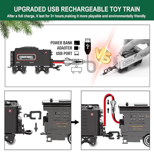 Image of Electric Train Sets for Boys Girls Metal Alloy Christmas Trains Toys Steam Locomotive, Passenger Carriages, Tracks, Light & Sounds Rechargeable Birthday Gifts for Kids 3 4 5 6 7 8 + Years Old Green 