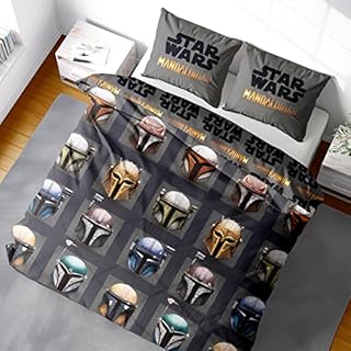 Baby Yoda Mandalorian Single Duvet Cover | Star Wars Mandalorian This is the Way Helmets Design | Officially Licensed Microfibre Reversible Two Sided Design