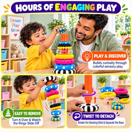 Image of GRAPHENE 8 Stacking Ring Game Toy for Babies 6+ Months STEM Learning Circle Rattle Sound Educational Colour Recognition Brain Development Montessori Fine Motor Skills Birthday Gift Boys Girls Kids