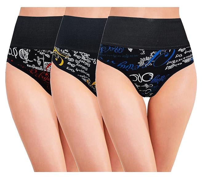 SHREEJA Women's Cotton Mid-Rise Hipster Panties, Black with Graphic Print Pattern, Broad Elastic Waistband, Everyday Comfort Fit Underwear, Pack of 3-picture-19
