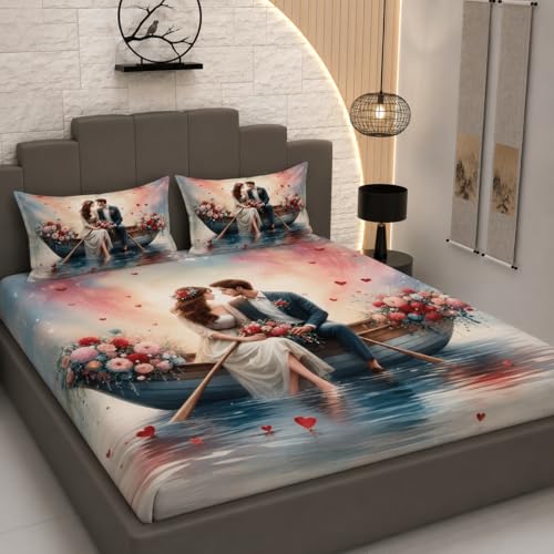 Image of Decor Well 7d Bedsheet for Double Bed King Size with 2 Pillow Covers, Polycotton 220 TC Super Soft & Breathable, Wrinkle Free New Grey Heart Printed Bedsheet Set (90x100 Inch)