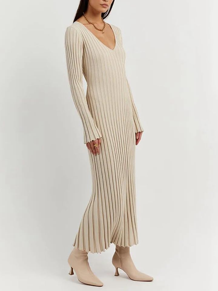 Image of Women's Long Knit Crewneck Sweater Dress Tie Waist A-Line Swing Pleated Bodycon
