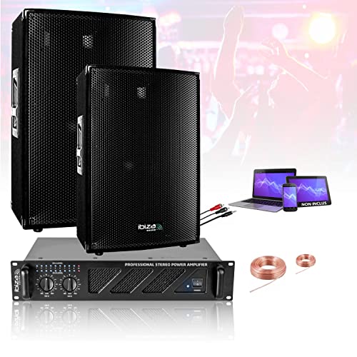 IBIZA Sound Light - Pack Sono 1680W Total 2 Enceintes 3 Voies 2x600w - Ampli Ventilé 2x240w - Câblage - Idéal Salle des fêtes Bar Club