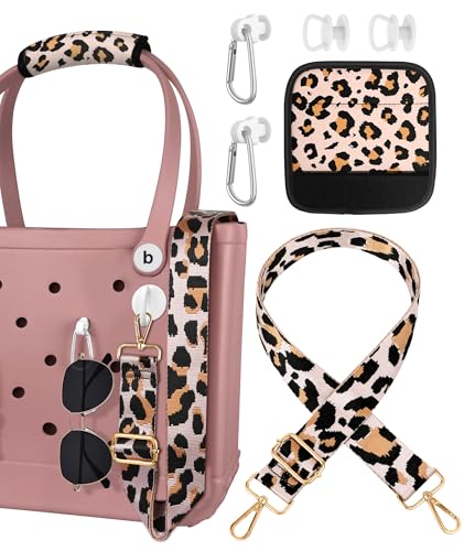 Image of Bag Strap Charms Crossbody for Bogg Bag Accessories - Shoulder Strap Neoprene Luggage Handle Wrap for Suitcase & 2 Key Holders Leopard