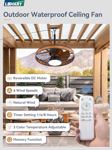 LEDIARY Outdoor Ceiling Fans with Lights, IP65 Waterproof Gazebo Fan with Hanging Hook,6 Speeds, 3CCT, 20 Inch Wet Rated Plug in Ceiling Fan for Patios,Porch, Pergola,Canopy - Image 2