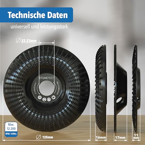 Holz Schleifscheibe 125mm [3 teiliges Set für Winkelschleifer] - Lackfräse - Holzfräser - Wurzelfräse - Diamant Schleifscheibe für Schleifen, Fräsen, Schnitzen