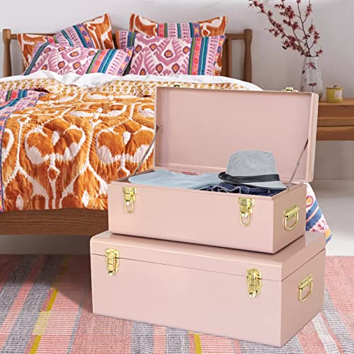 Image of Vixdonos Metal Trunks College Dorm Steel Chests Decorative Storage Box Set of 2 Bedroom Organizer for Home Decor,23.7X14.2X9.5 Inches(Pink)