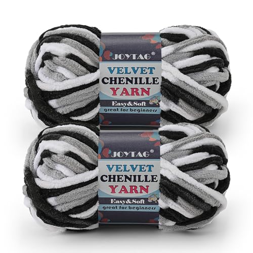 Image of 2 Pack Chunky Chenille Yarn for Crocheting and Knitting Beginners,Thick Bulky Plush Fluffy Velvet Soft Baby Blanket Crochet Chenille Yarn for Crocheting Blankets /Amigurumi /DIY Crafts(Black White Grey