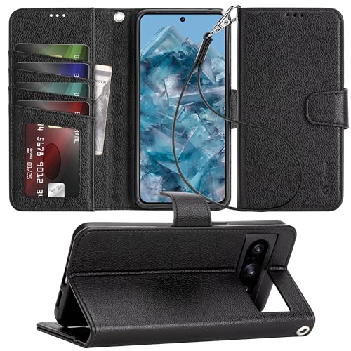 Arae Compatible with Google Pixel 8 Pro Case with Card Holder and Wrist Strap Wallet Flip Cover for Google Pixel 8 Pro 6.7 inch Men/Women, Kickstand, Wristlet, RFID Blocking,Litchi Black