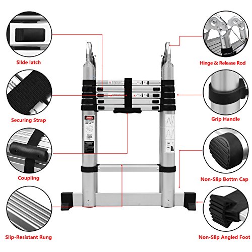 12.5ft 330 Pound Capacity double side Aluminum Telescopic Extension Ladder Certified Extendable Telescoping Ladder with Finger Protection and Spring Loaded Locking Mechanism Non-slip Ribbing