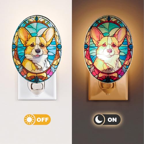 Image of Dog Night Light Corgi, Stained Glass Styled Plug-in Wall Nightlight, Bulb Included, Pet Memorial Dog Lover Gift, Bedroom Hallway Bathroom Decor, Manual On /Off Switch