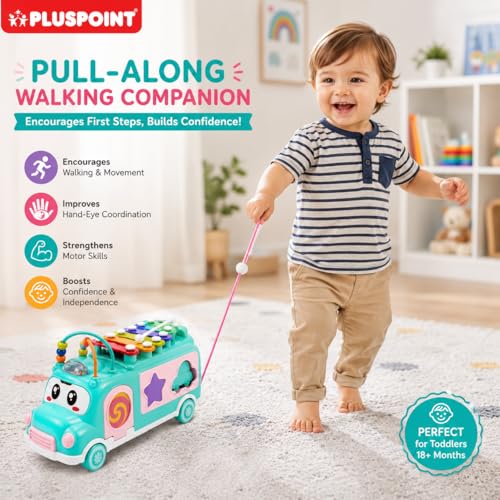 Image of PLUSPOINT Activity Bus Musical Toy for Toddlers | School Bus Xylophone with Shape Sorter & Knocking Game | Educational Learning Toy for 1+ Year Old Boys & Girls | Birthday Gift