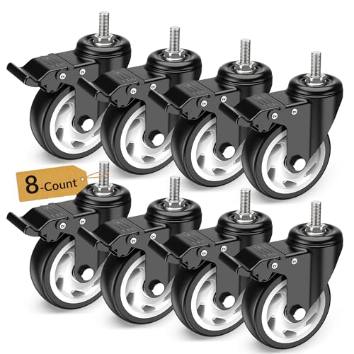 Image of HOLKIE Caster Wheels 4 inch Total Locking Stem Casters, 1 /2 inch -13 x 1(Stem Diameter 1 /2 inch, Stem Length 1 inch) Threaded Stem Casters Swivel Casters Set of 8 Heavy Duty Castors Black 8 Pack