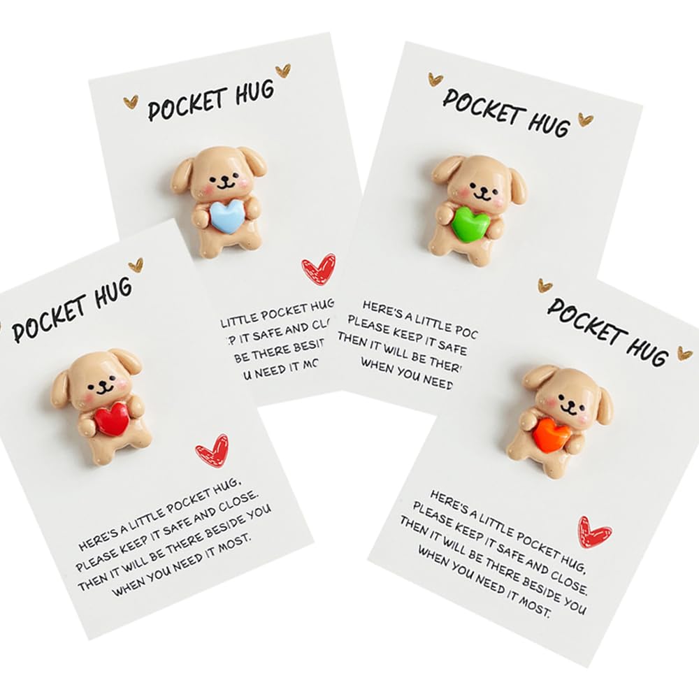 4PCS A Little Pocket Hugs Card Thoughtful Heart Dog Pocket Hugs Portable Cute Ornament Encourage Gift for Women Friends Birthday Wedding Gifts