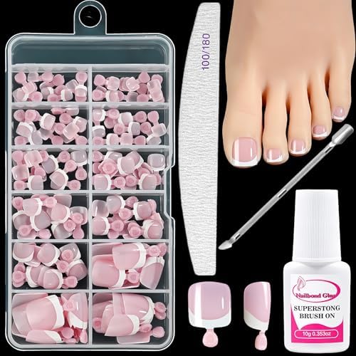 120PCs French Tip Fake Toe Nails Kit, Artificial Acrylic Stick On ...