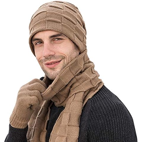 Adult Autumn/Winter Warm Knit Scarf Beanie Hat Touch Screen Gloves Set for Men (Brown) Cover