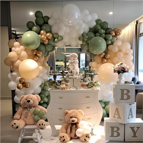 Image of 150pcs Sage Green Balloons Different Sizes Pack, 18 12 10 5 Inch Party Balloon Garland Arch Kit for Birthday Dinosaur Baby Shower Jungle Forest Theme Party Decorations(With 2 Ribbons)
