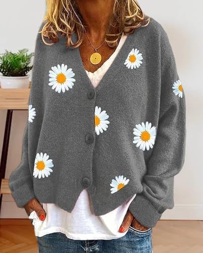 Daisy Flower Cardigan Sweater for Women Button Down Long Sleeve Sweaters Aesthetic 90s Women Sweater Outfits2