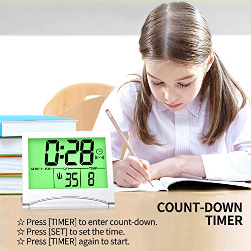 Betus Digital Travel Alarm Clock With Green Backlight - Foldable Calendar Temperature Timer Lcd Clock With Snooze Mode - Large Number Display, Battery Operated - Compact Desk Clock For All Ages #TOP4