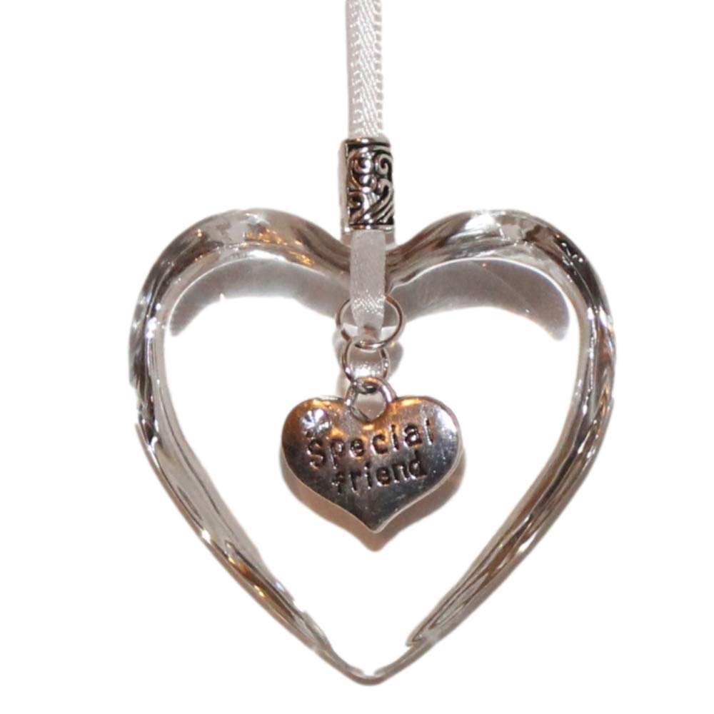 The Heart Shack Bright Red Ribbon Glass Hanging Heart Christmas Tree Decoration With Special Friend Charm