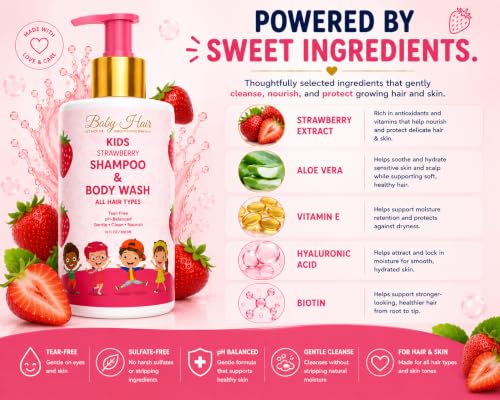 Image of BABY HAIR - Strawberry Mineral Kids Shampoo /Body Wash, Sulfate-Free Tearless Shampoo and Body Wash, Shampoo For Kids with Strawberry Oil, Camellia Oil, and Biotin, No Tears Shampoo, 10 fl.oz.