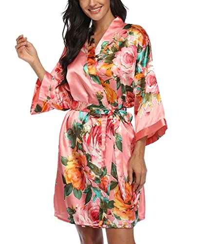 Image of VOGMATE Floral Silk Robes for Women Short Satin Kimono Bride Bridesmaid Robes Bathrobe