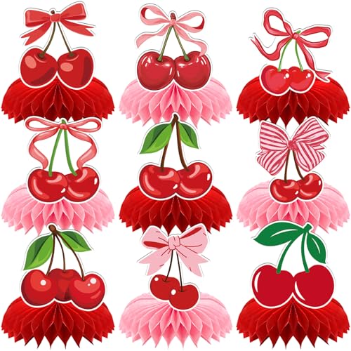 Image of Cherries Birthday Party Decorations - 9 Pcs Pink Bow Honeycomb Centerpieces for Girls Women Sweet Cherries Table Ornaments Sets Happy Paper Fruit Theme Supplies Red Coquette Display Decors