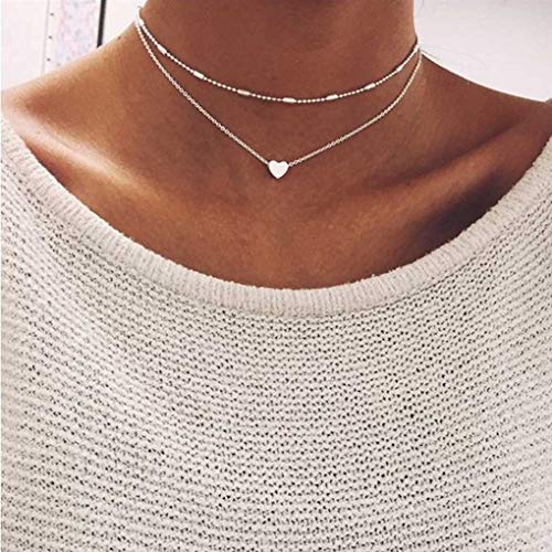Tgirls Layered Copper Choker Necklaces Heart Pendant Necklaces Ball Collar Jewelry for Women and Girls (Silver)