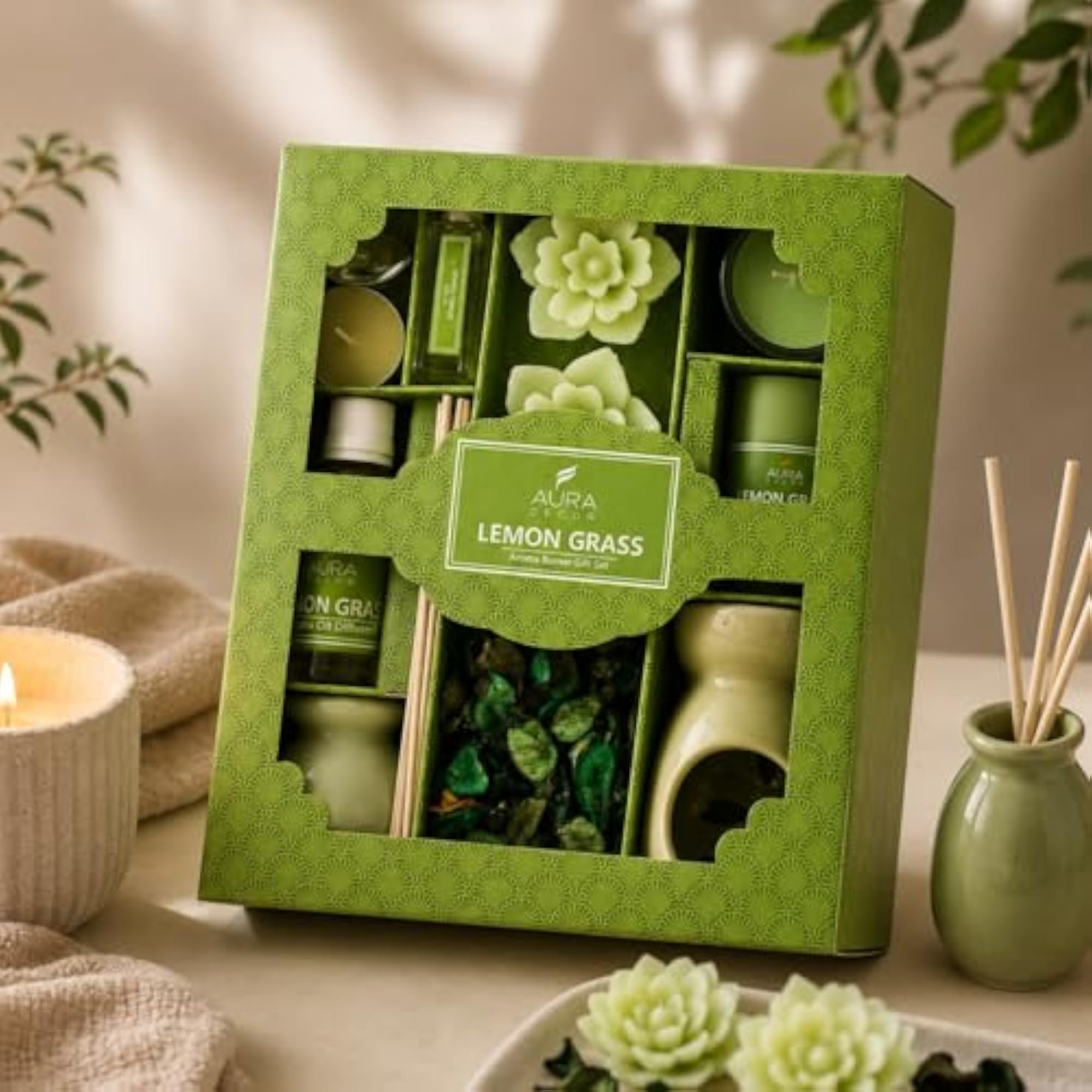 Lemongrass Aromatherapy Gift Set with Reed Diffuser and Candles
