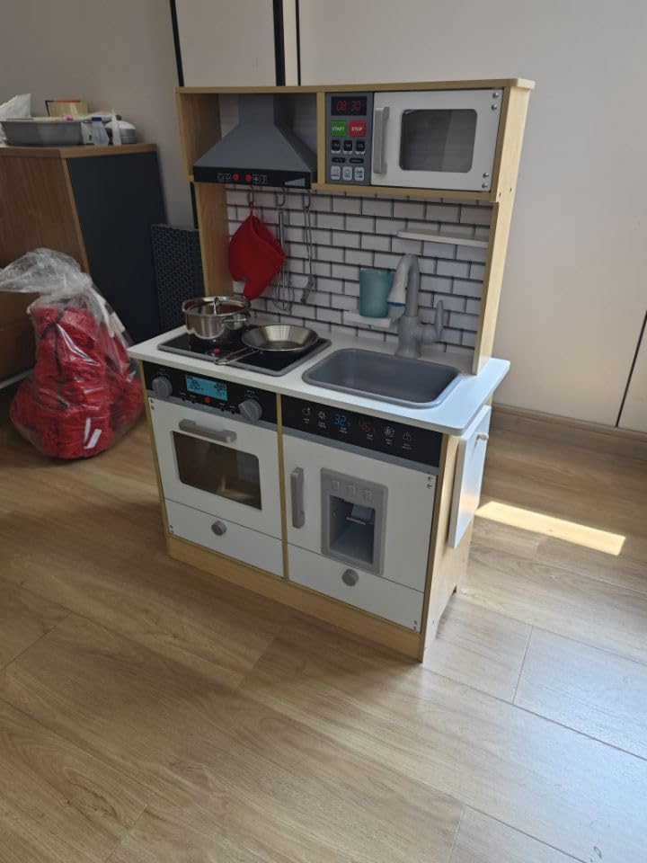 Lil' Jumbl Kids Natural Small Kitchen Set, Pretend Wooden Play Kitchen, Includes Range Hood, Microwave, Stove Top, Oven That Make Realistic Sound & Light, Pots, Pan, Cutting Board & Utensils Included,