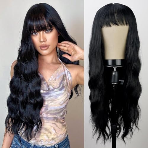 YOSILADY Black Wig with Bangs 26 Inch Long Wavy Wigs for Women Heat Resistant Synthetic Fiber Cosplay Halloween Daily Party Wigs (Black)