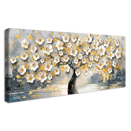 Cadre en Bois Impression sur Toile Fleurs Blanches de Luxe Arbre de la Fortune Tableau Peinture Poster Abstrait Gris Or Image sur Toile Grande Tableau...