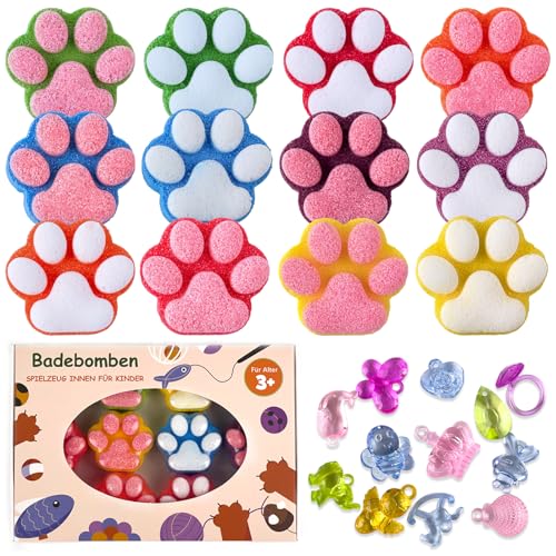 Pfoten-Badebombe für Kinder mit Überraschung im Inneren, 12pcs bunte handgefertigte natürliche Badekugel mit Kristallspielzeug, Sprudel-Badebomben-Set für Mädchen und Jungen zu Weihnachten, Geburtstag