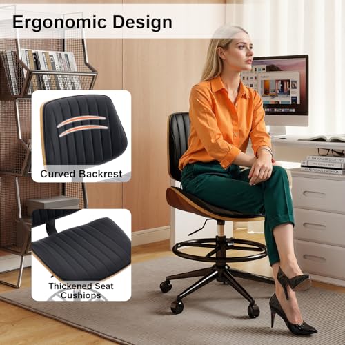 Image of Drafting Chair, Ergonomic Office Chair with Walnut Wood Back Support, Armless PU Leather Desk Chair with Height-Adjustable, Thick Cushion for Home, Bar, Drafting, Office (Black)
