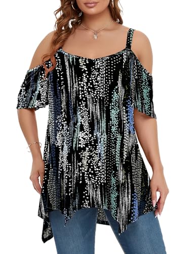 Image of LARACE Cold Shoulder Tops for Womens Summer Clothes Spaghetti Strape Tunic Oversized Shirts Asymmetrical Plus Size Blouse