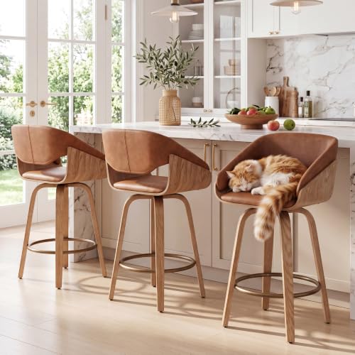 Image of 26 inch Swivel Bar Stools Set of 3, Brown Faux Leather Counter Height Barstools