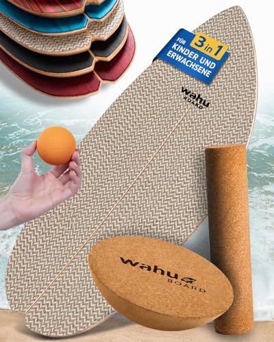 WAHU Balance Board Day & Night Twill | 3in1 Set | Surf Balance Board aus 100% Holz...