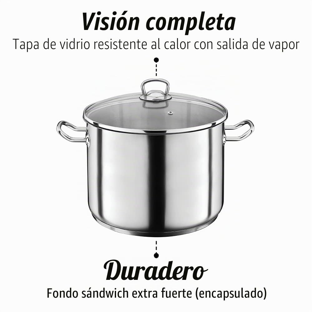 GSW 643450 - Olla grande profesional con tapa de cristal 28 x 19 cm / aprox. 12,0 L, de acero inoxidable, plateada, 42 x 29,5 x 20,5 cm, 2 unidades