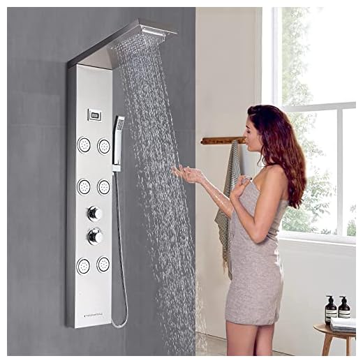 AWorddy - Panel de ducha de hidromasaje de acero inoxidable, 5 funciones, columna de ducha, set con alcachofa fija, masaje, alcachofa y boca, sistema de ducha con temperatura (pantalla LCD)