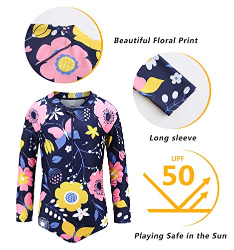 Image of Girls Long Sleeve Rash Guard One Piece Swimsuit Kids UPF 50+ Sun Protection Swimwear Rainbow Striped Bathing Suit 3-14 Years