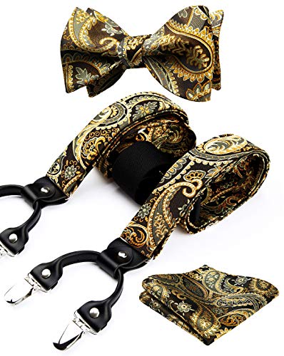 HISDERN Gold Hosenträger für Herren Paisley Y Form mit 6 starken Clips Längenverstellbar Herren Hosenträger und Fliege mit Einsteckuch…