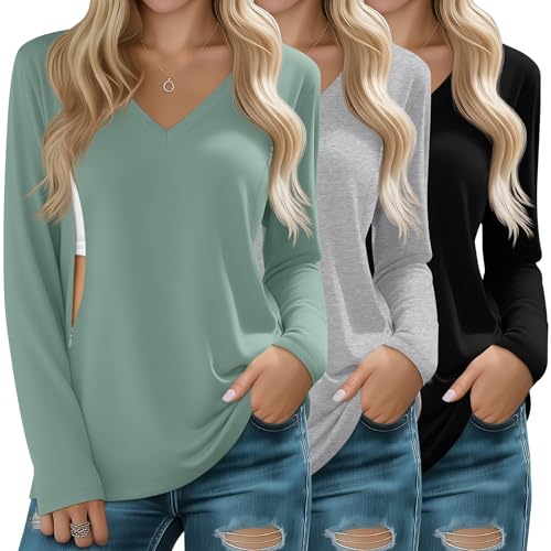 Huukeay 3 Pack Women's Long Sleeve Nursing Tops, Breastfeeding Hidden Zippers Shirts V Neck Maternity Pregnancy Tees Clothes(Black, Light Gray, Gray Green,Medium)