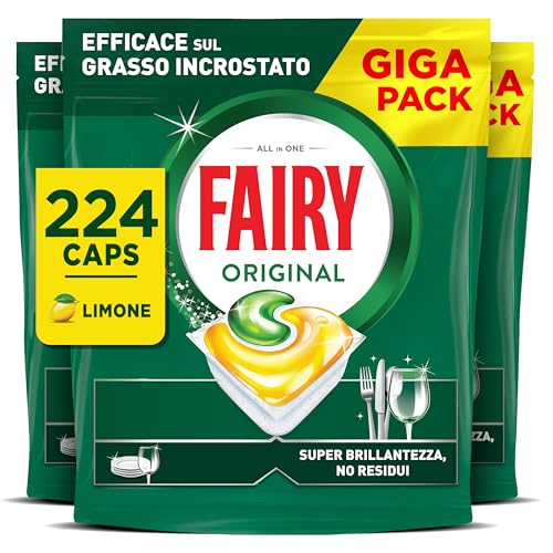 Fairy Original Pastiglie Lavastoviglie Brillantante, 224 Capsule, Limone, Detersivo Con Azione Pulente Al Primo Lavaggio, Efficace Sul Grasso Incrostato Con Azione Brillante