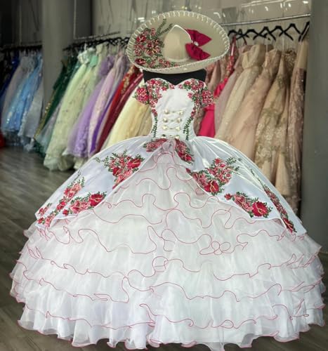 Ruffled Mexican Quinceanera Dresses with Bow Embroidery Flowers Ball Gown Puffy Layered Prom Gown SE0292