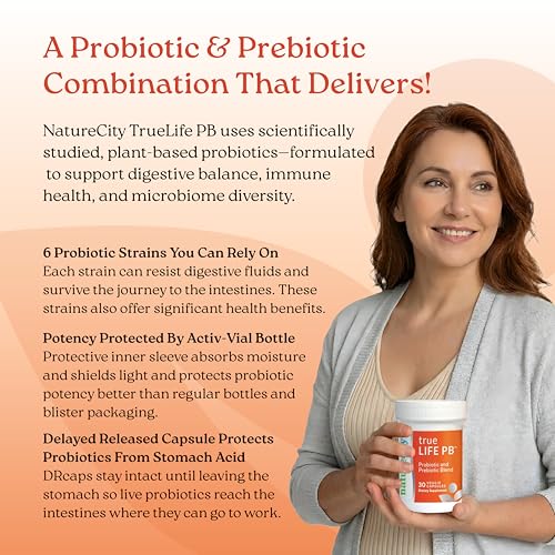 Image of NatureCity True-Life-PB Shelf Stable Blend Prebiotics and Probiotics for Women and Men - Digestive Gut Health Supplements for Women and Men - Dairy Free - (30 Veggie Capsules)