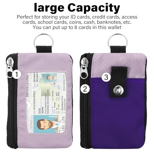 Image of Minimalist RFID Wallet with Lanyard, Multi-functional ID Case with 2 Zipper Pockets and Key Chain for Men and Women, Tactical Badge Pouch Cards Holder, Coin Purse for Travel Sports - Purple&Pink