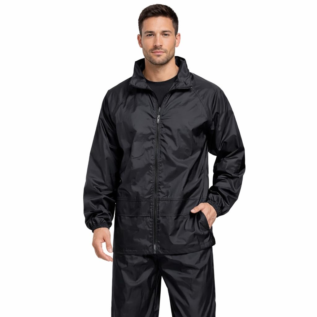 Cool Dealzz Men's Rain Suit Waterproof Jacket & Pant Set with Hood | Windproof Raincoat | Black 1